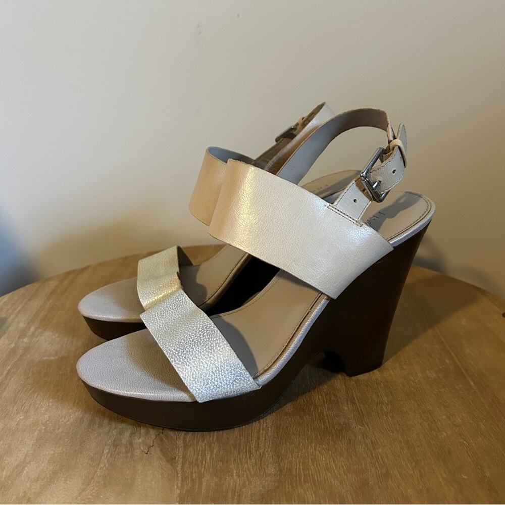 Franco Sarto Champagne/Silver Leather Buckle Strap 4.5" Wedge Block Heels Size 8